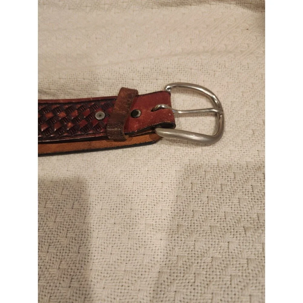 Brown Leather Belt Basket Weave Pattern Silver Buckle Good Usable Men 37